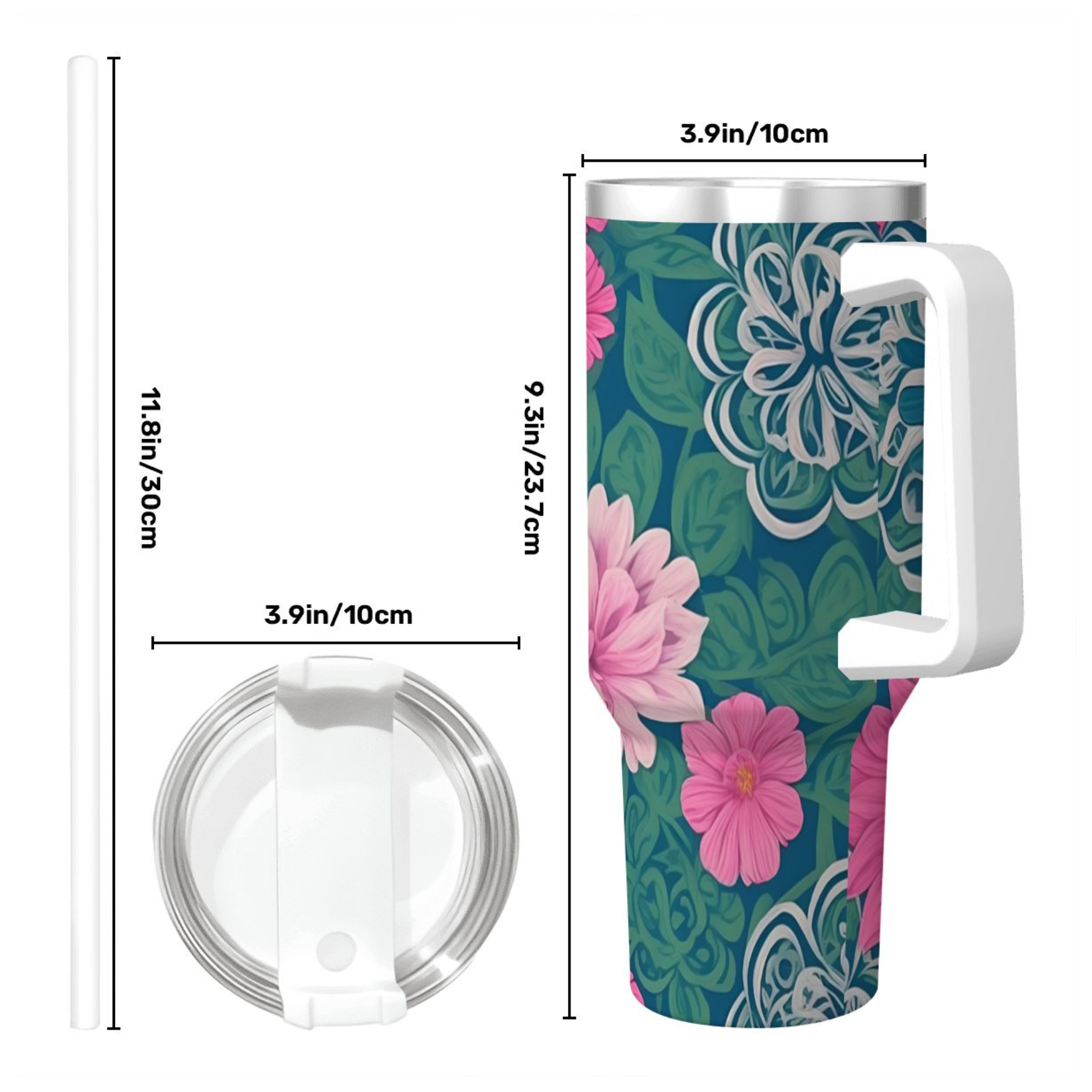 Floral-patterned tumbler with measurements on a white background