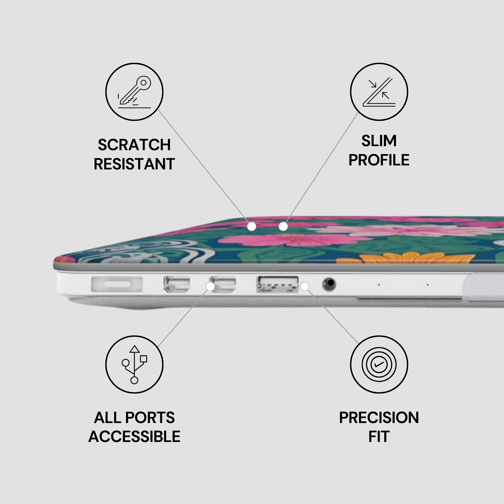 Laptop with floral design on a gray background, featuring text labels about features.
