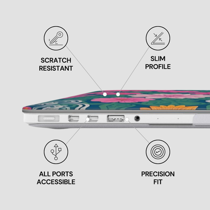 Laptop with floral design on a gray background, featuring text labels about features.