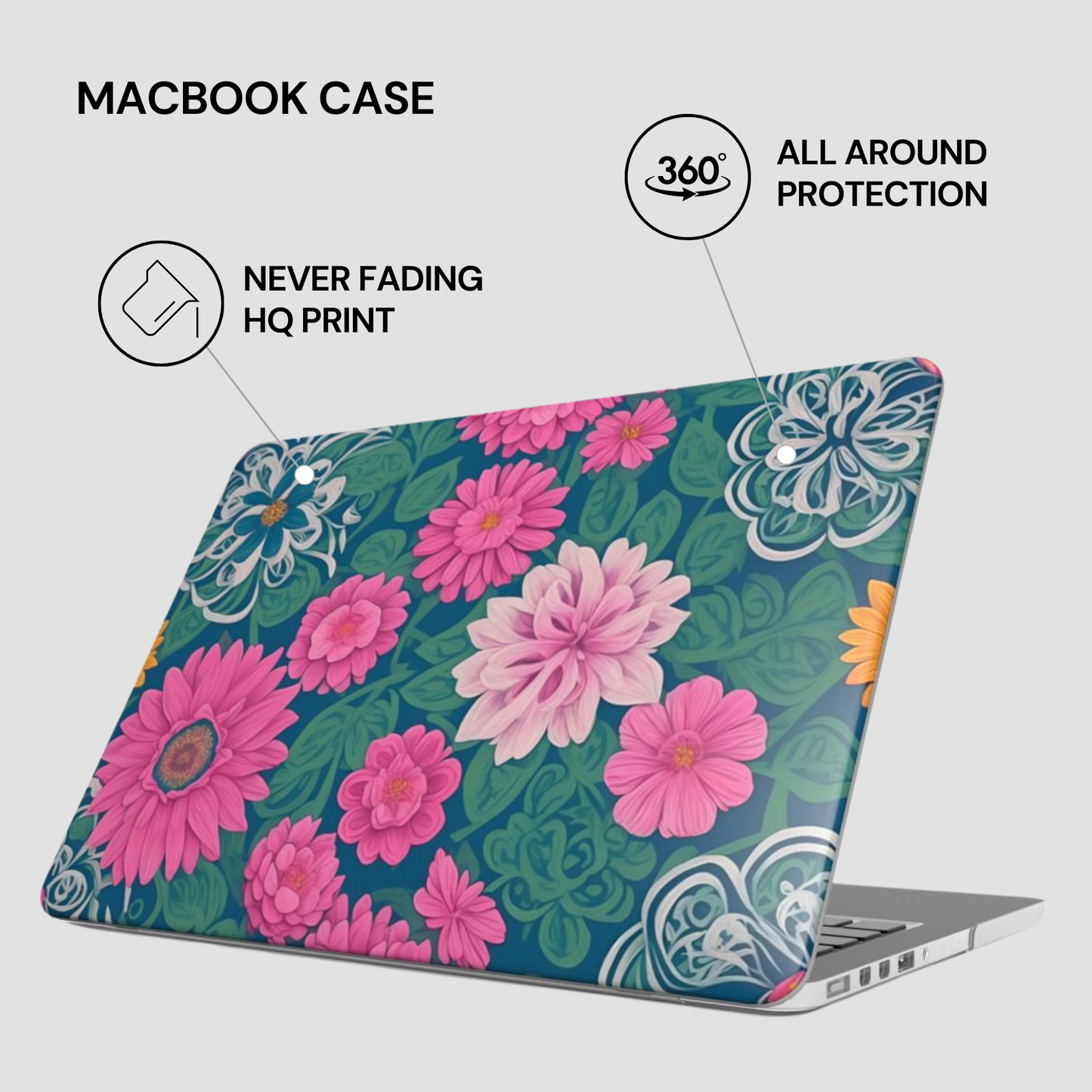 Floral laptop case with protective features on a white background