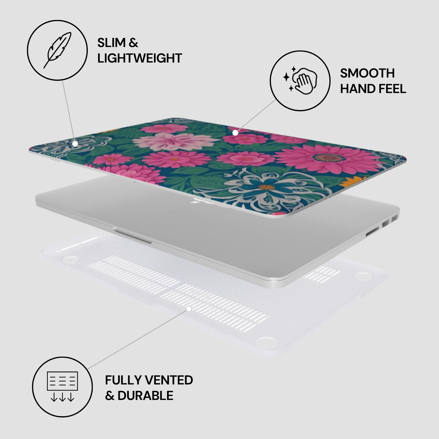 Laptop with floral design on a white background, featuring text labels about features.