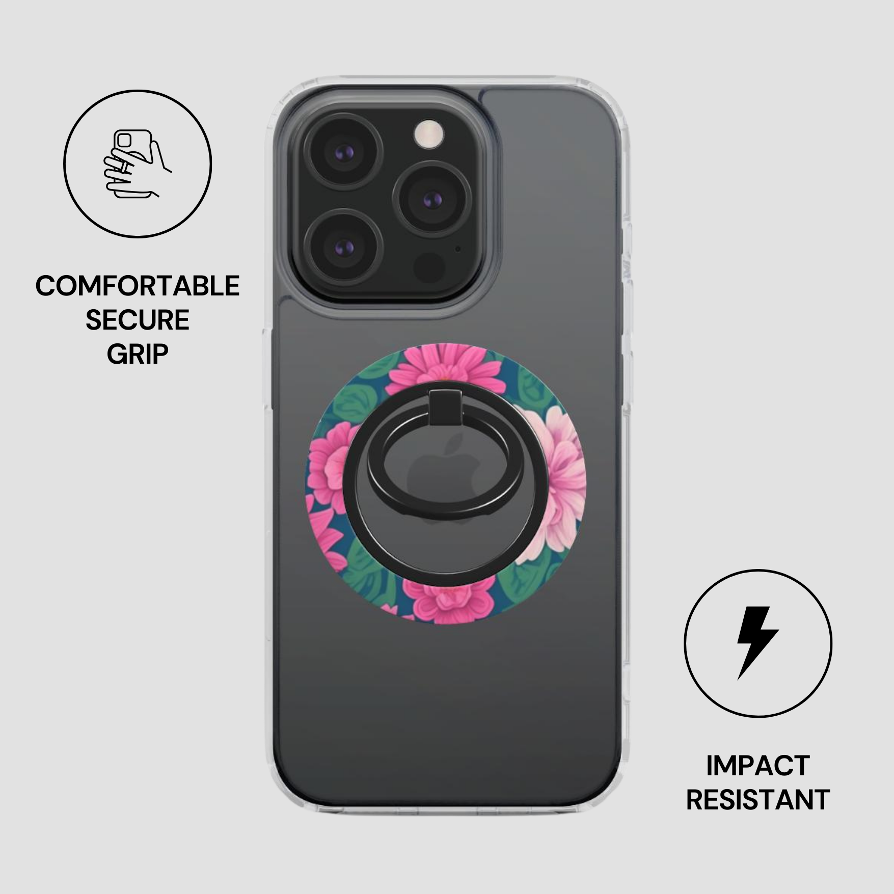 Phone case with floral design and ring holder on a gray background