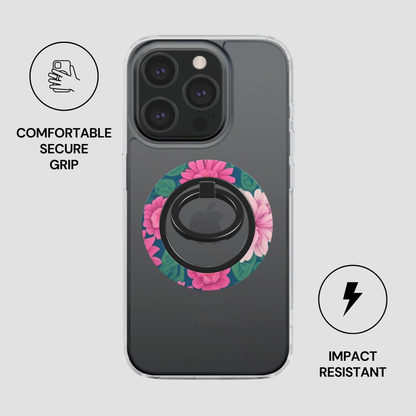 Phone case with floral design and ring holder on a gray background