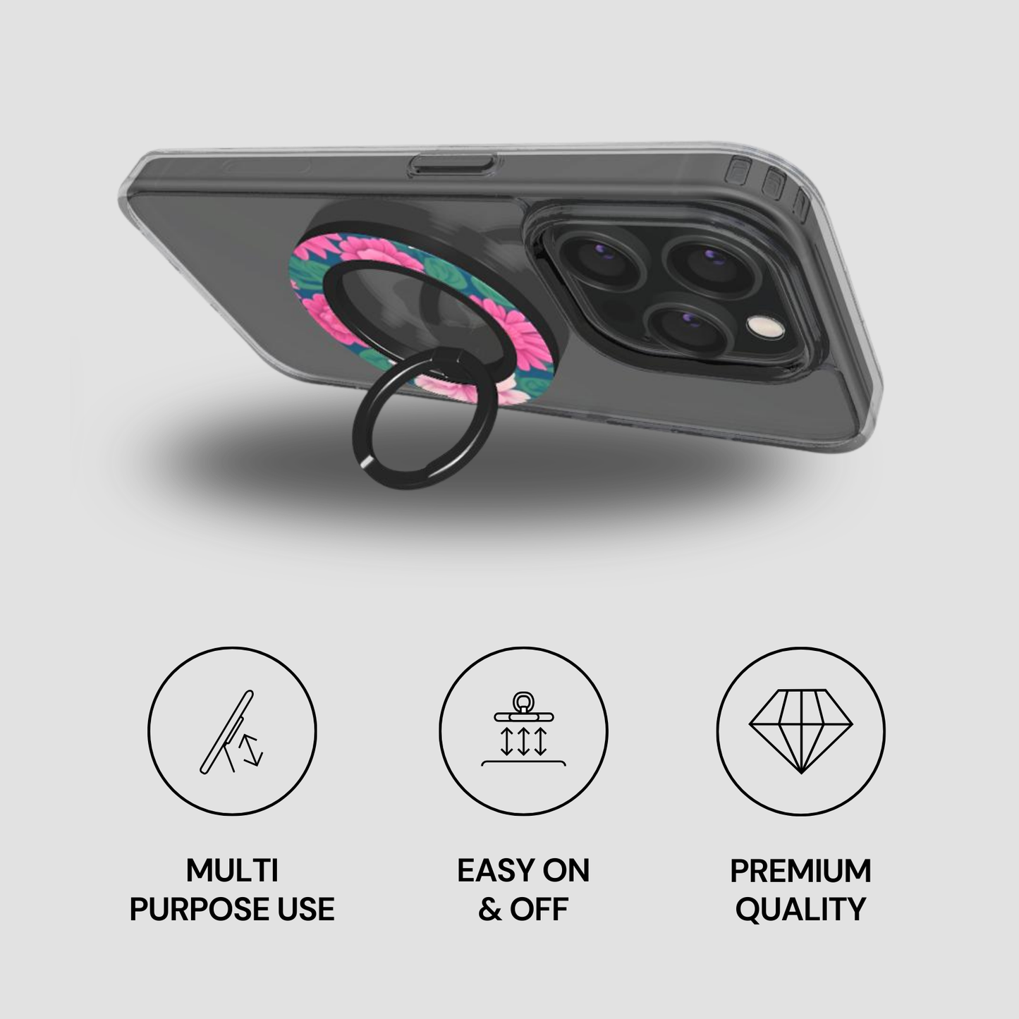 Phone case with ring holder and features on a gray background