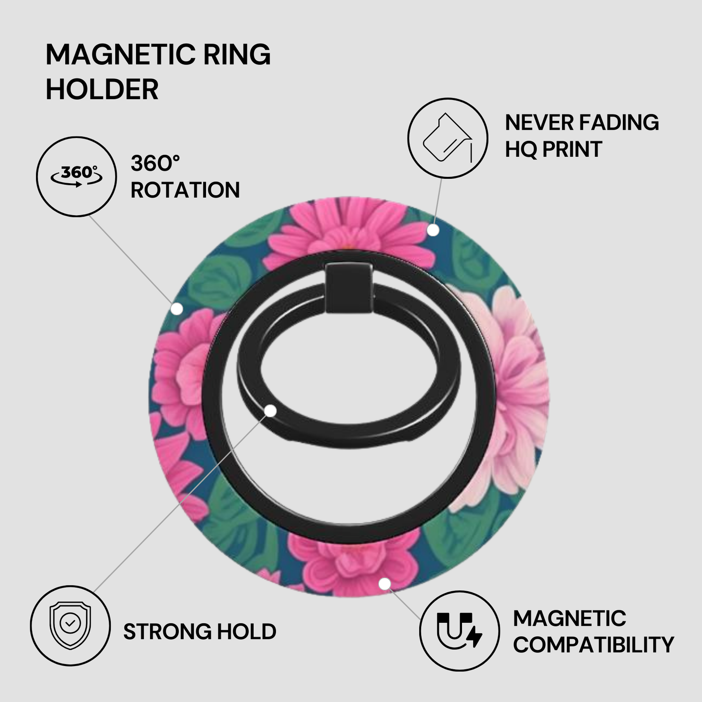 Floral magnetic ring holder with features listed on a white background
