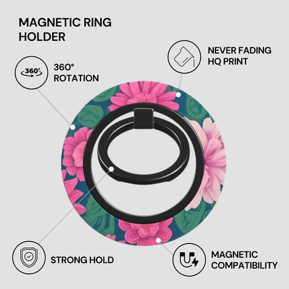Floral magnetic ring holder with features listed on a white background