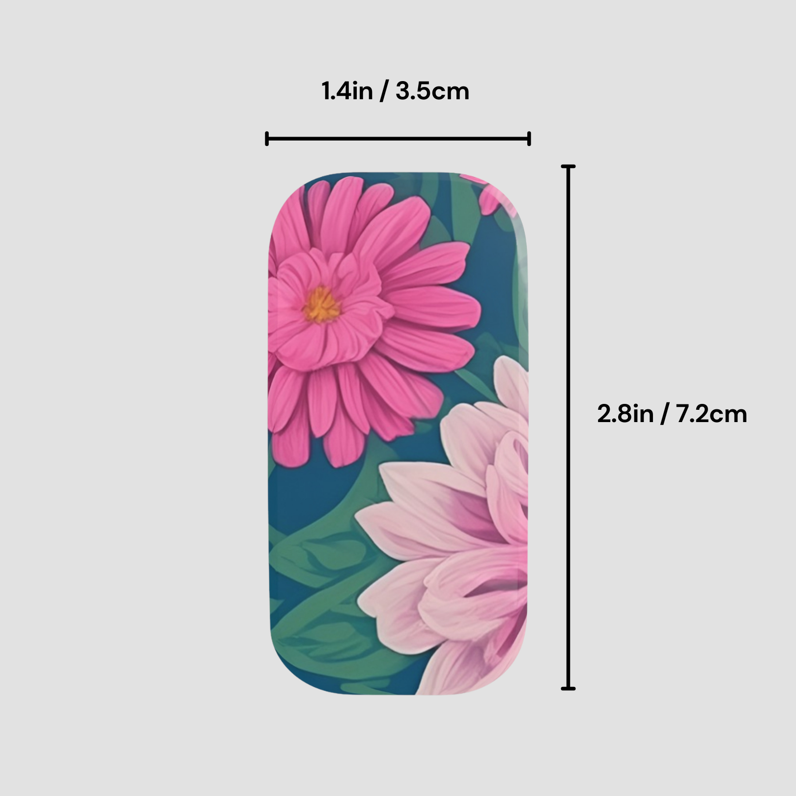Floral phone case with measurements on a light gray background