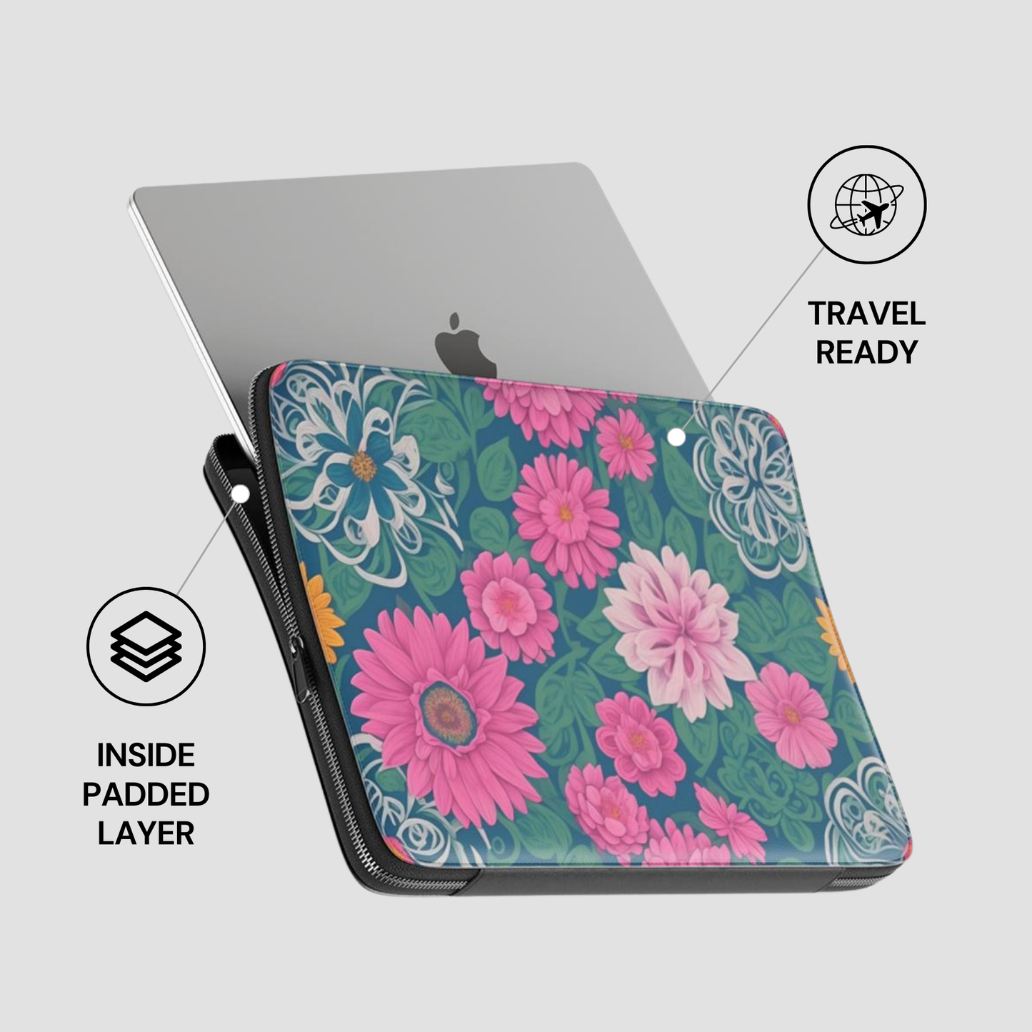 Floral laptop sleeve with Apple logo on a white background