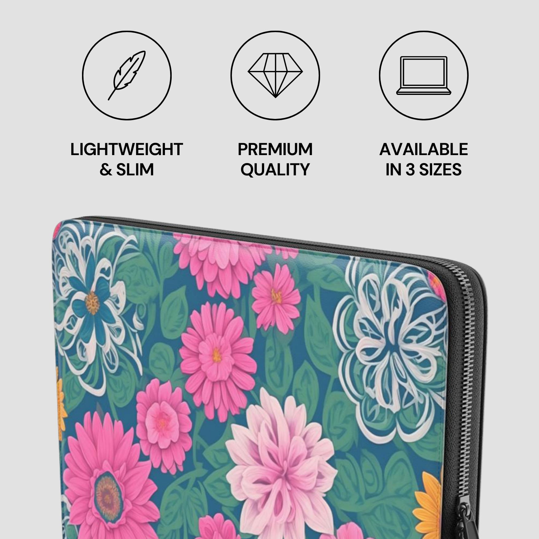 Floral laptop sleeve with product features on a light gray background