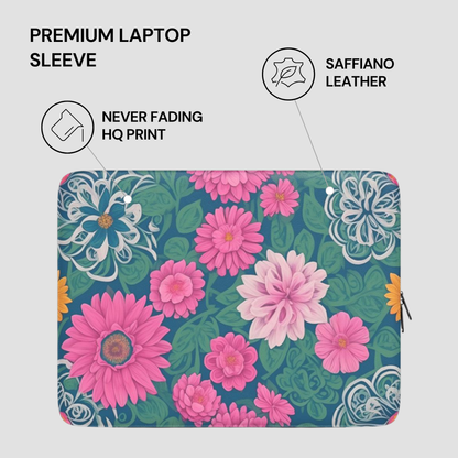 Floral laptop sleeve with saffiano leather finish on a gray background