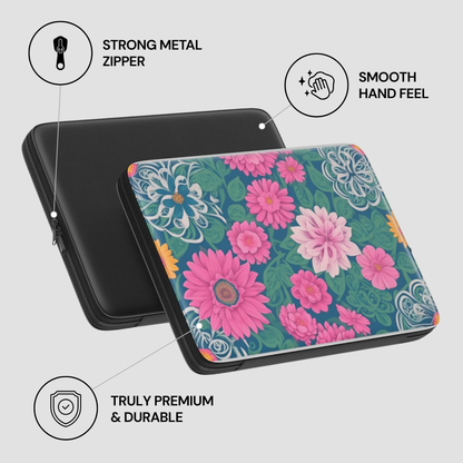 Floral patterned case with black zipper on a white background