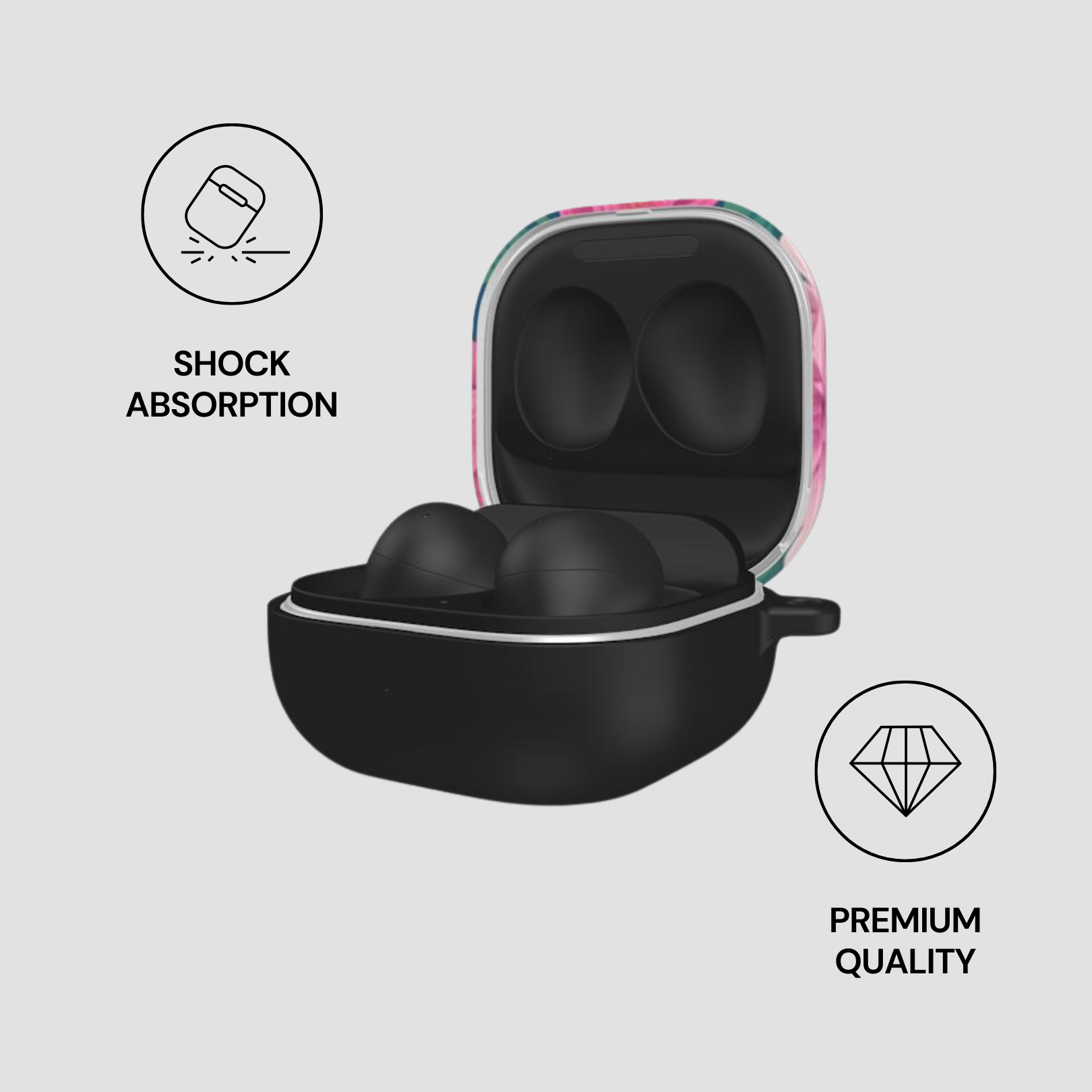 Black earbud case with pink accents on a white background, featuring icons for shock absorption and premium quality.