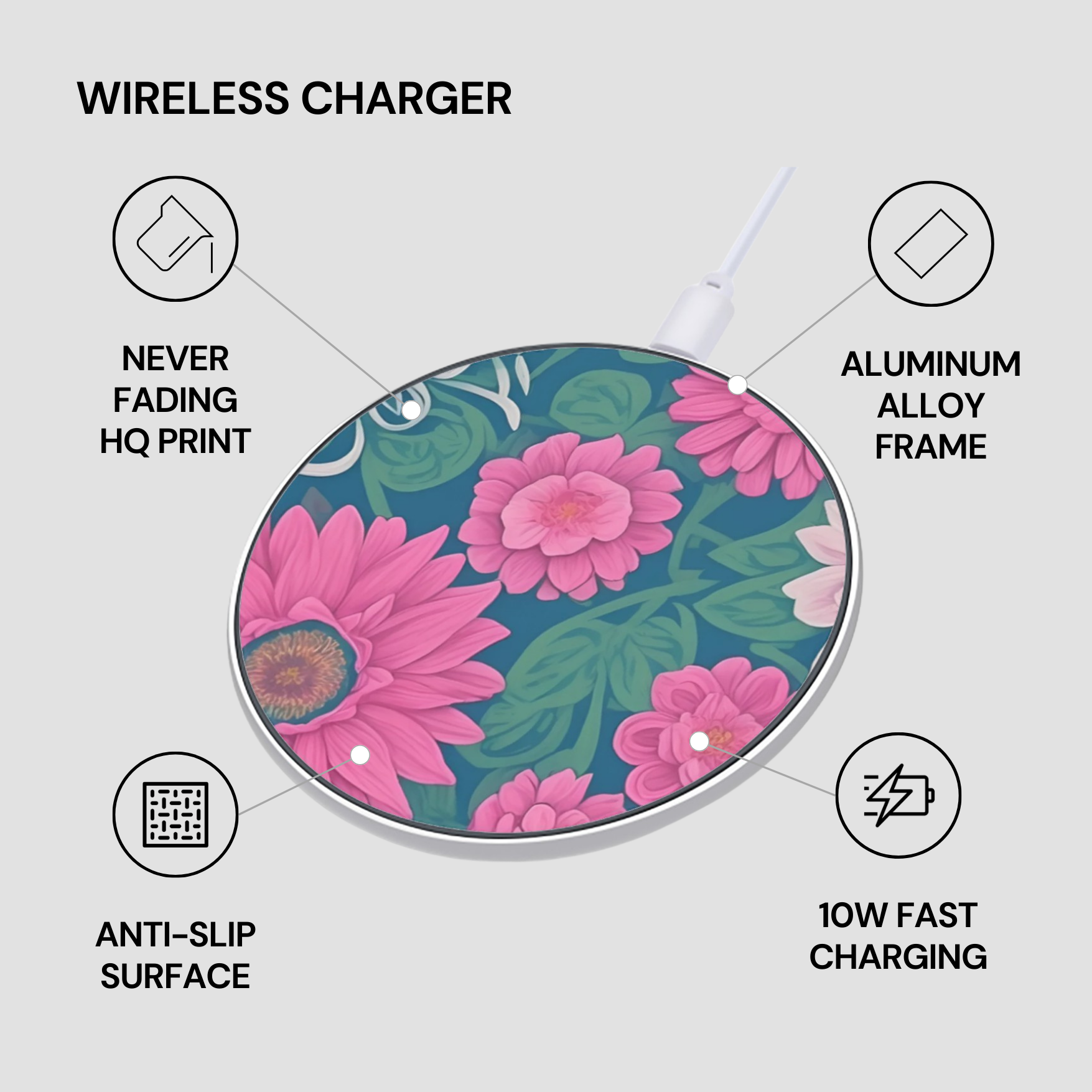 Wireless charger with floral design on a gray background