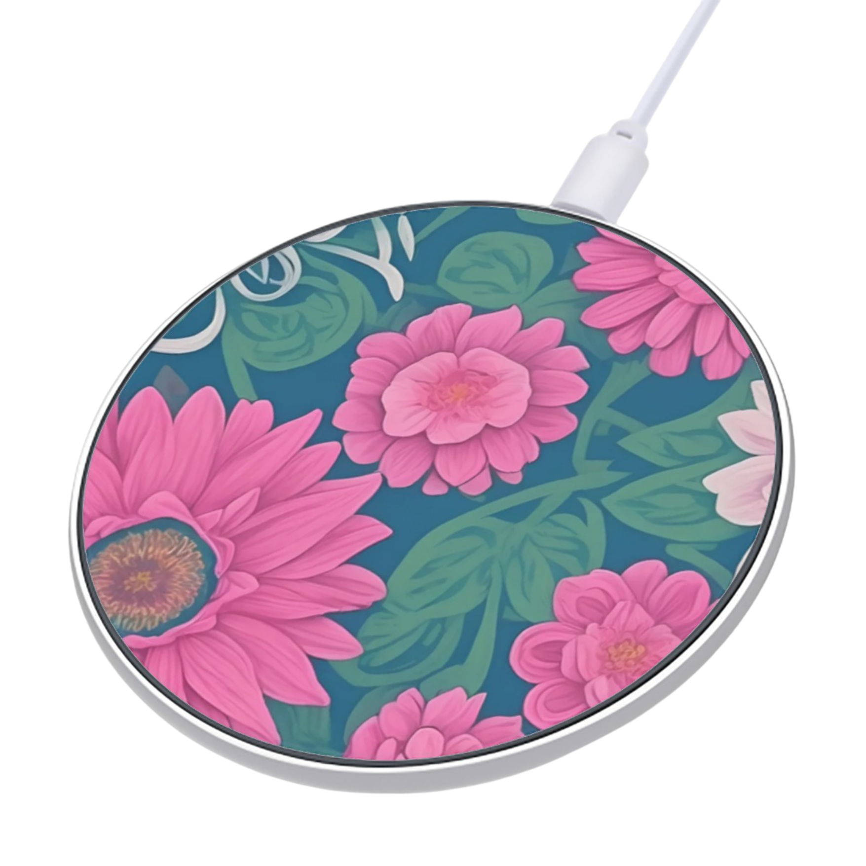 Floral-patterned wireless charging pad on a white background