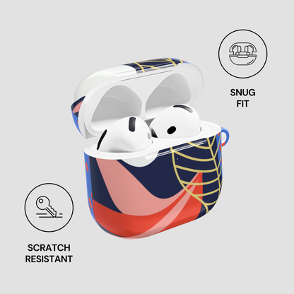 Colorful case for wireless earbuds with 'Snug Fit' and 'Scratch Resistant' features on a light gray background.