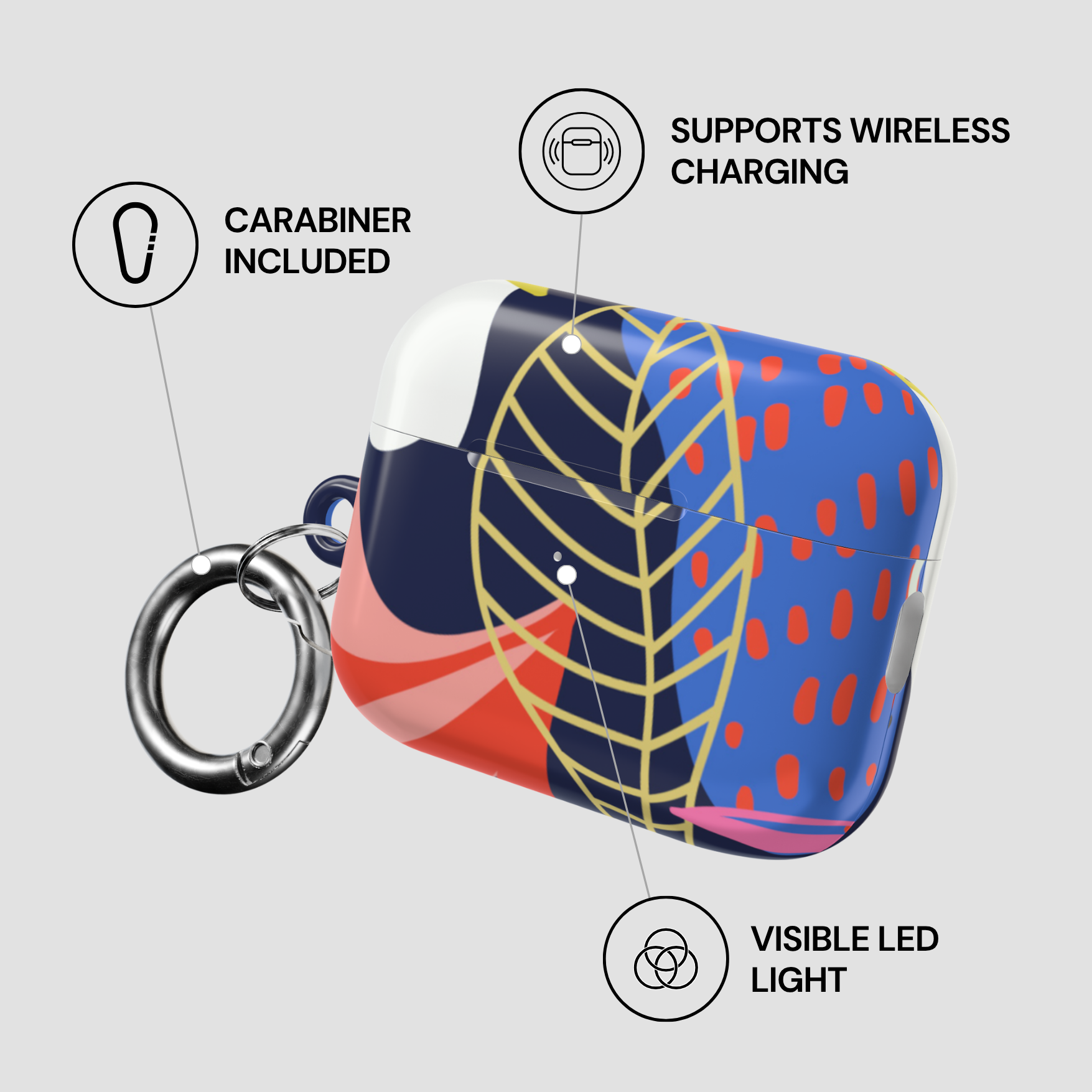 Colorful case with leaf design and carabiner, featuring wireless charging and LED light indicators.