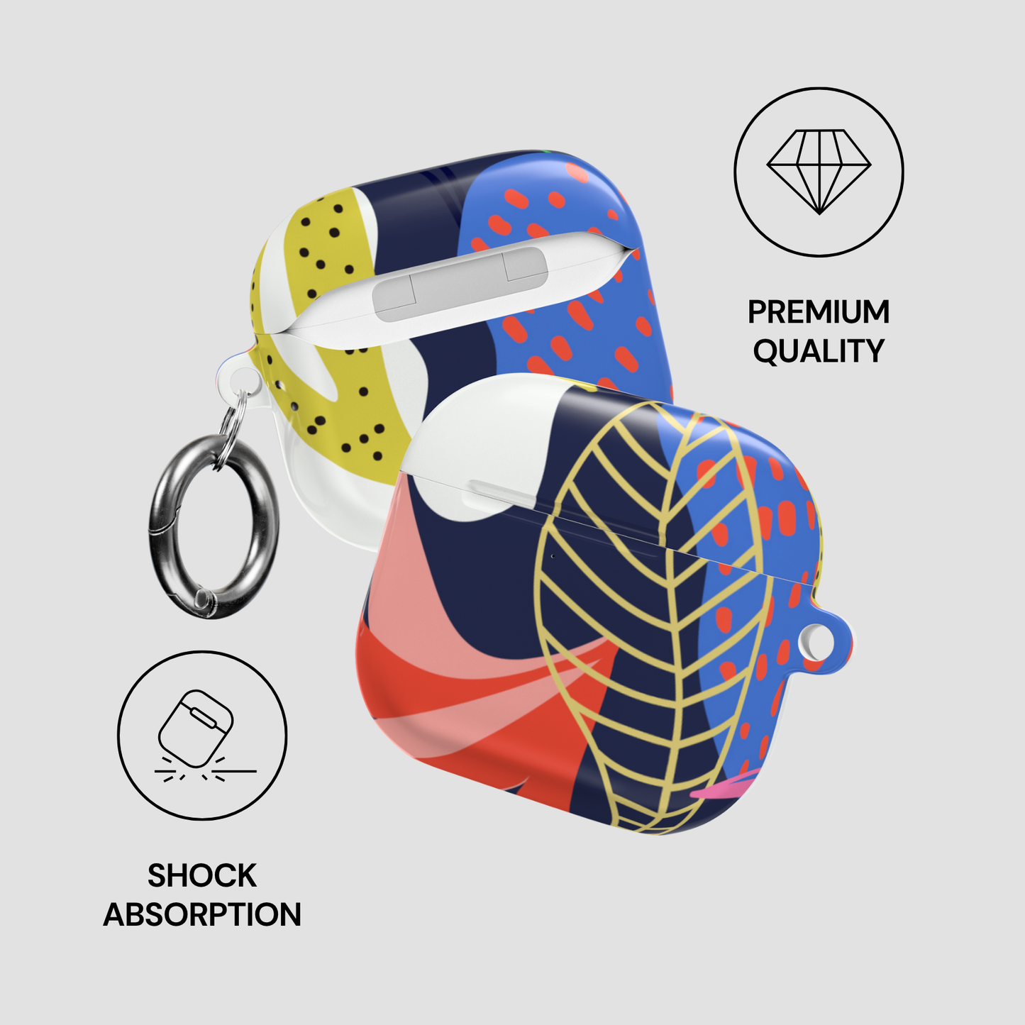 Colorful case for wireless earbuds with keychain on a light gray background