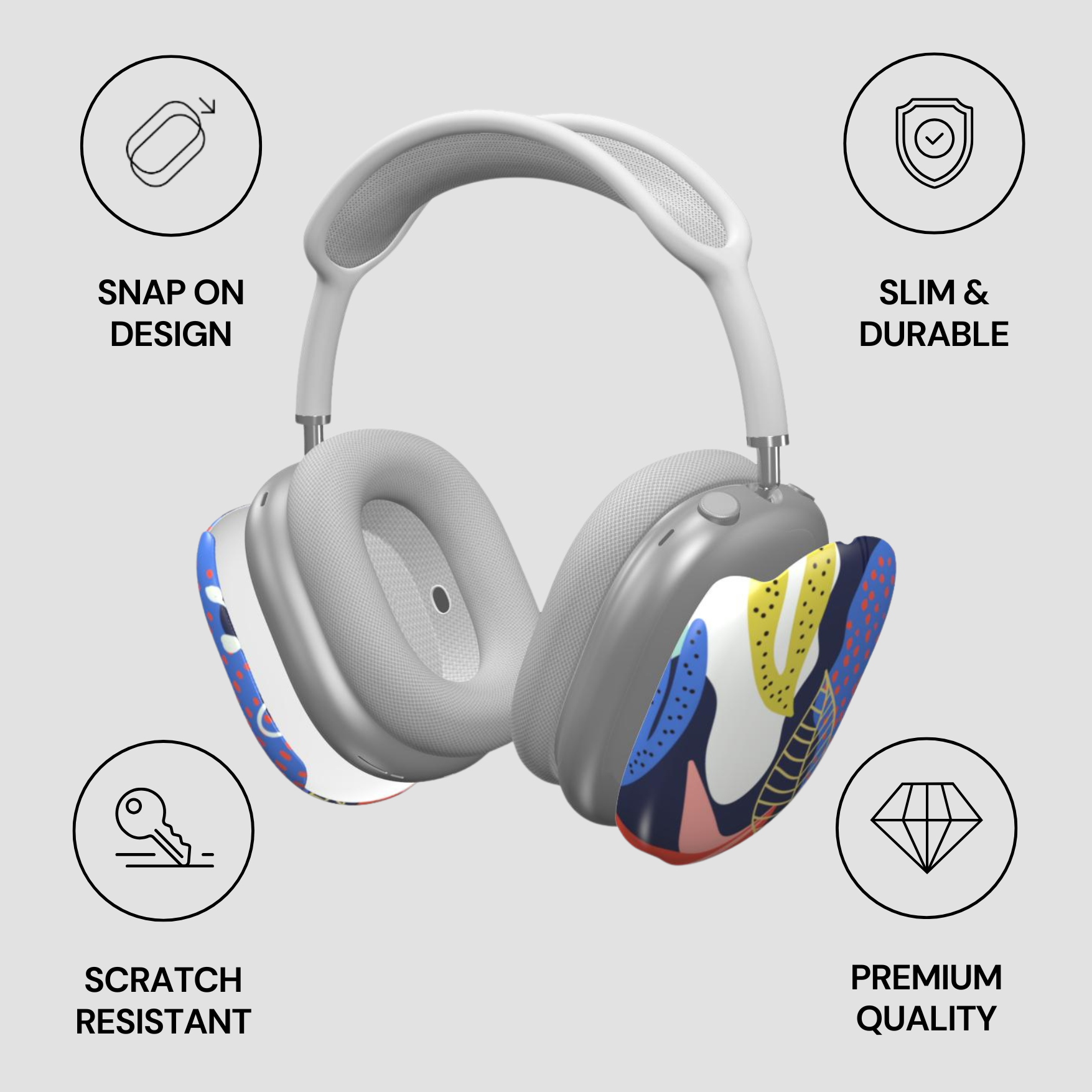 Gray headphones with colorful sole design on a light gray background with feature icons.