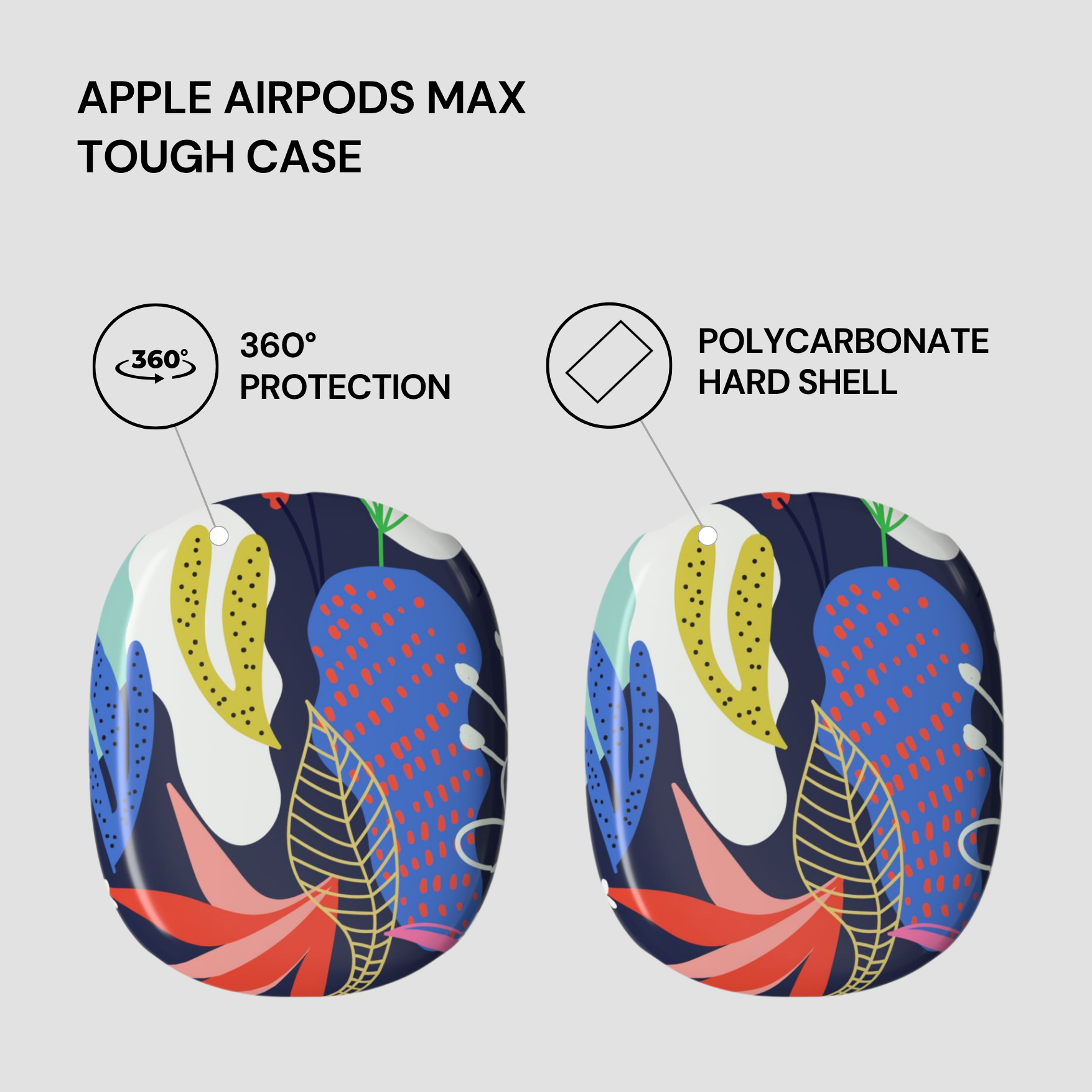 Colorful Apple AirPods Max tough case with text highlighting features on a light gray background