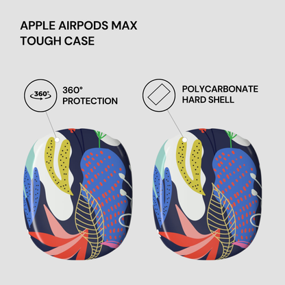 Colorful Apple AirPods Max tough case with text highlighting features on a light gray background