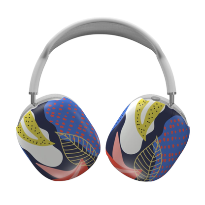 Colorful headphones with a leaf pattern on a white background