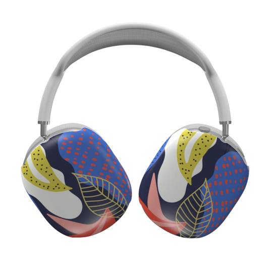 Colorful headphones with a leaf pattern on a white background