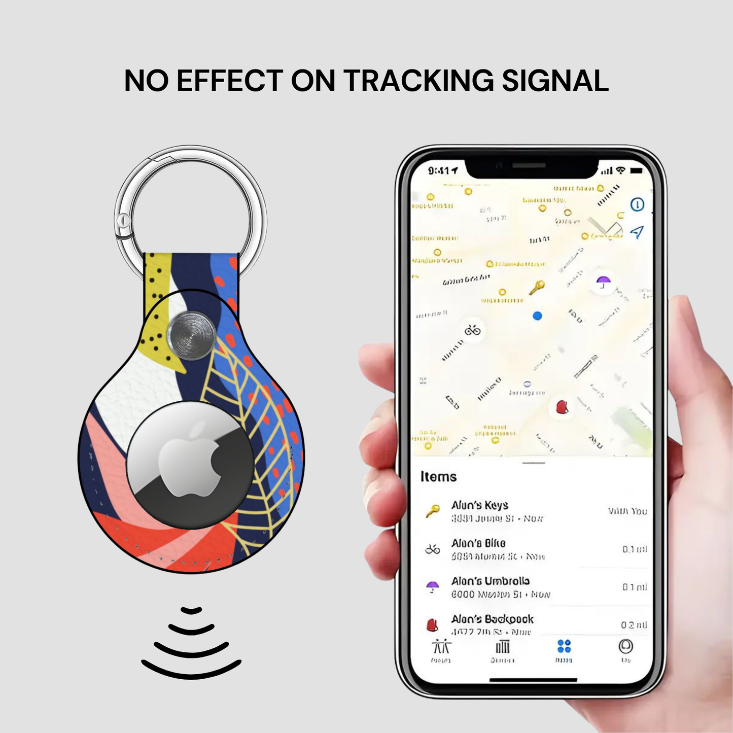Smart keychain with Apple logo and phone displaying location app on gray background