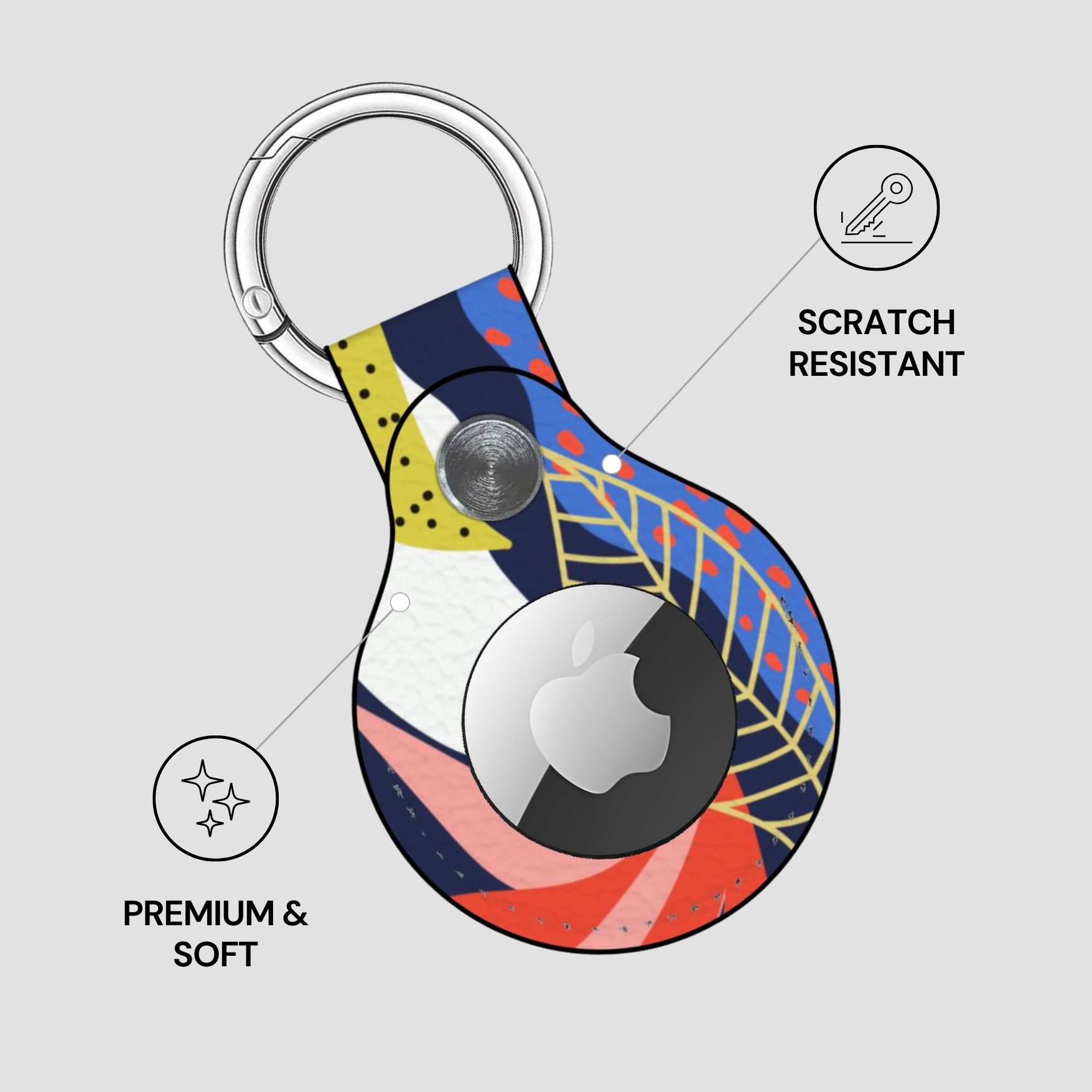 Colorful keychain case with Apple logo on a light gray background