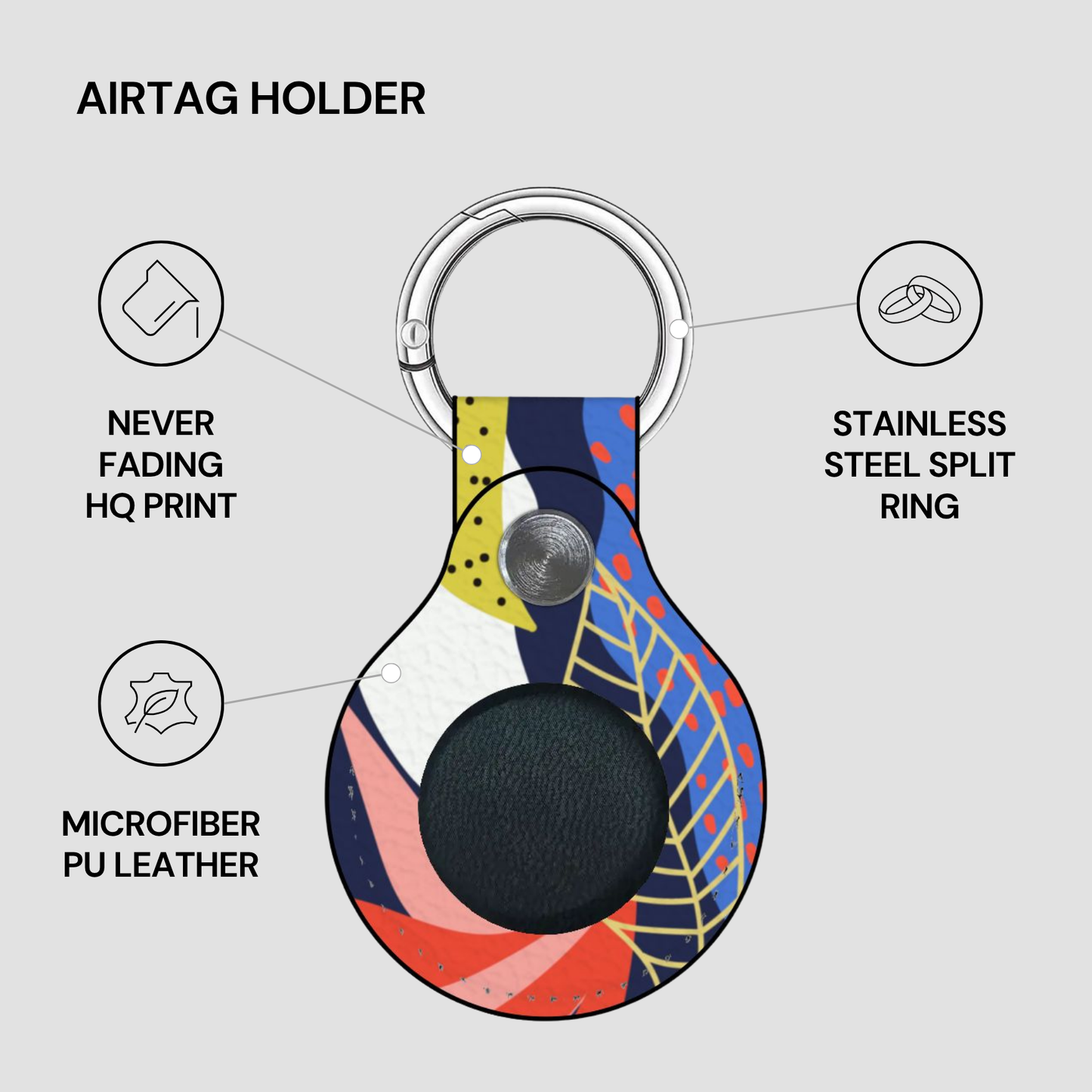 Colorful airtag holder with keychain on a gray background