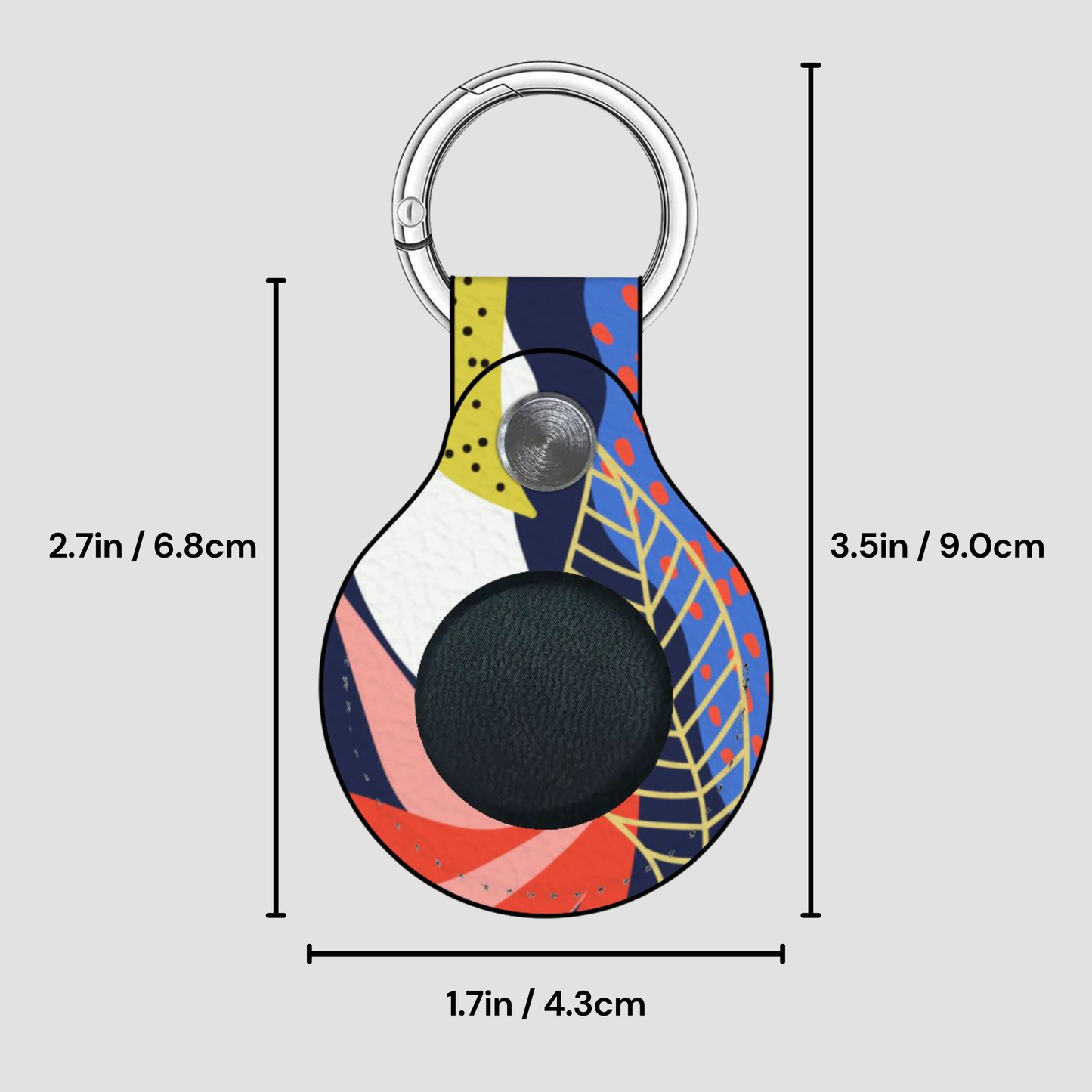 Colorful keychain with measurements on a light gray background
