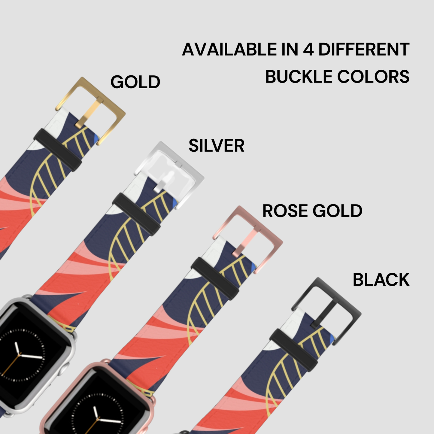 Watch straps in gold, silver, rose gold, and black with a patterned strap on a light gray background.
