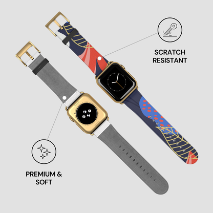 Three smartwatches with different bands on a light gray background, highlighting scratch resistance and softness.