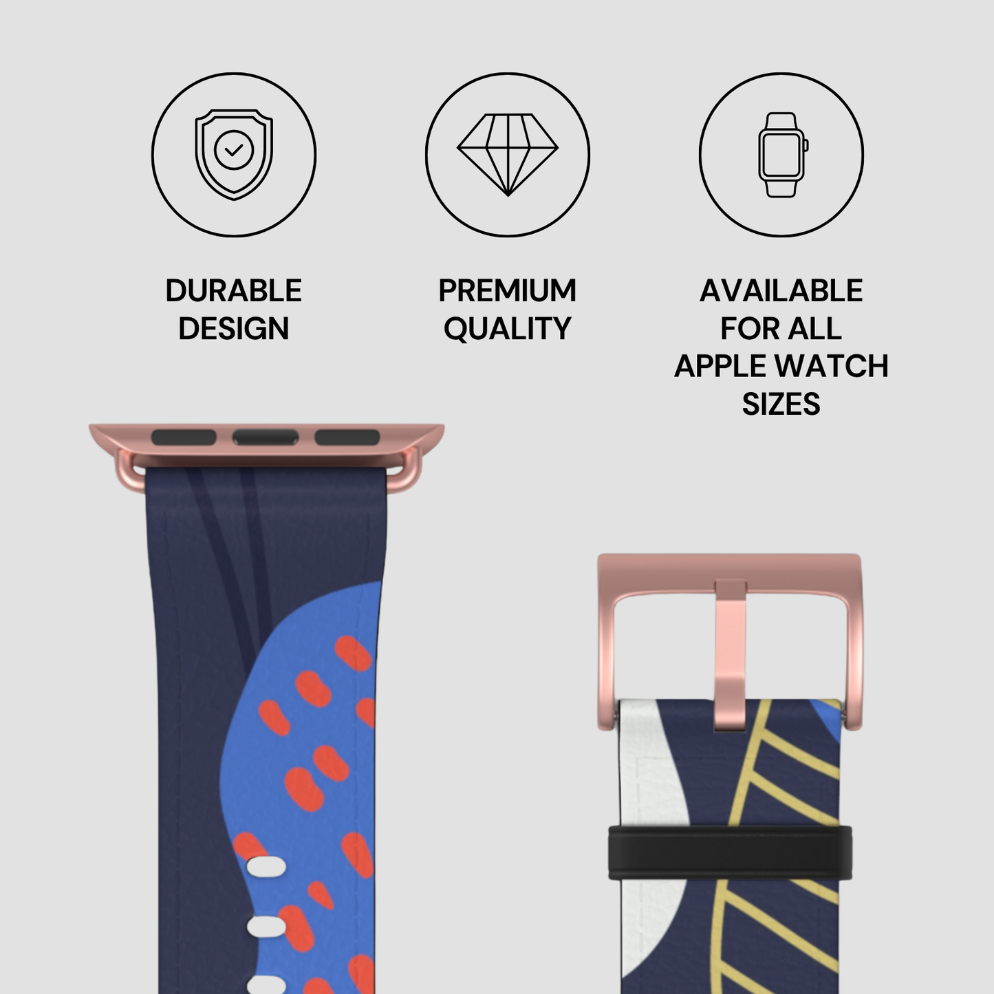Apple Watch strap with durability, quality, and size availability features on a light gray background