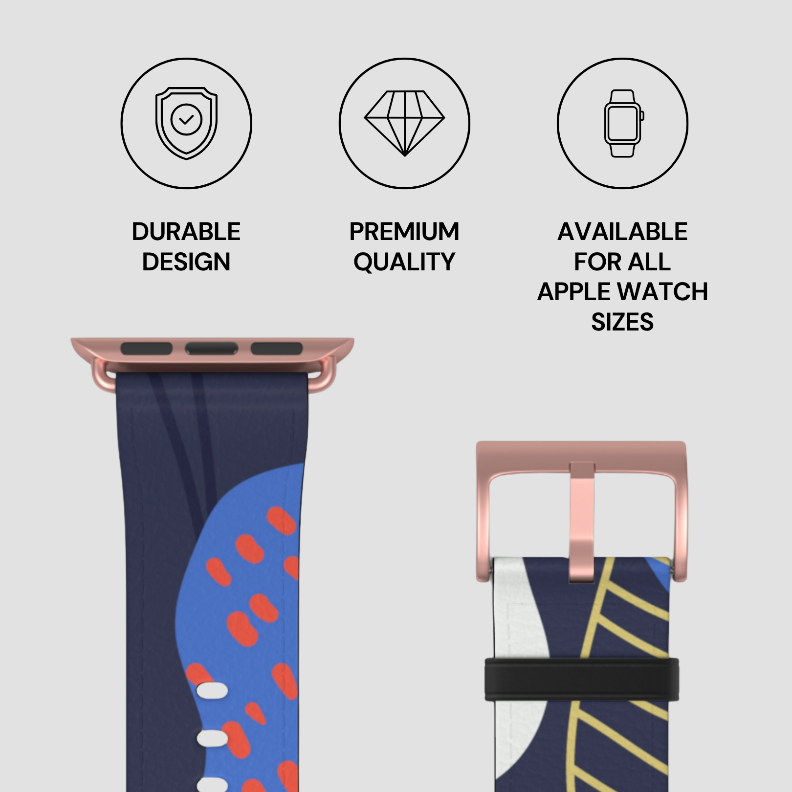 Apple Watch strap with durability, quality, and size availability features on a light gray background