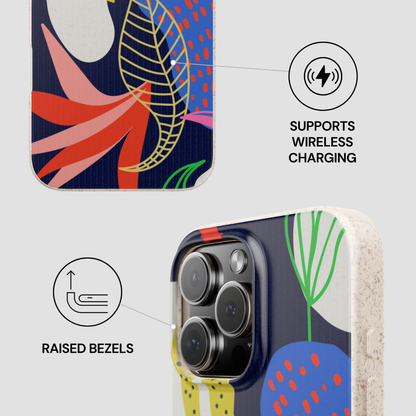 Phone case with colorful design and wireless charging symbol on a light gray background