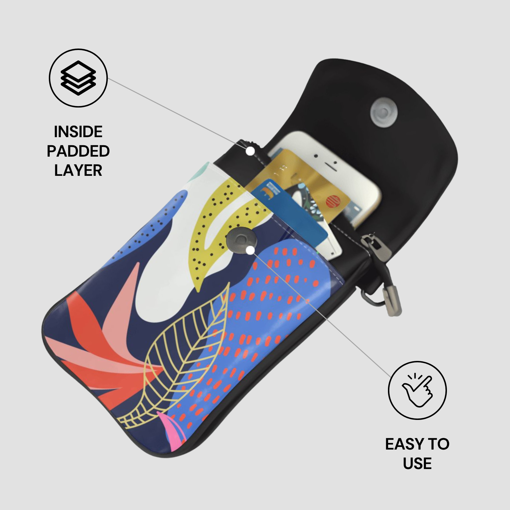 Multicolored phone case with inside padded layer and easy-to-use features on a light gray background