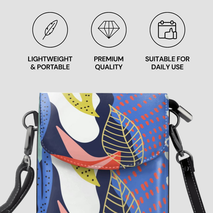 Colorful patterned handbag with features labeled on a light gray background
