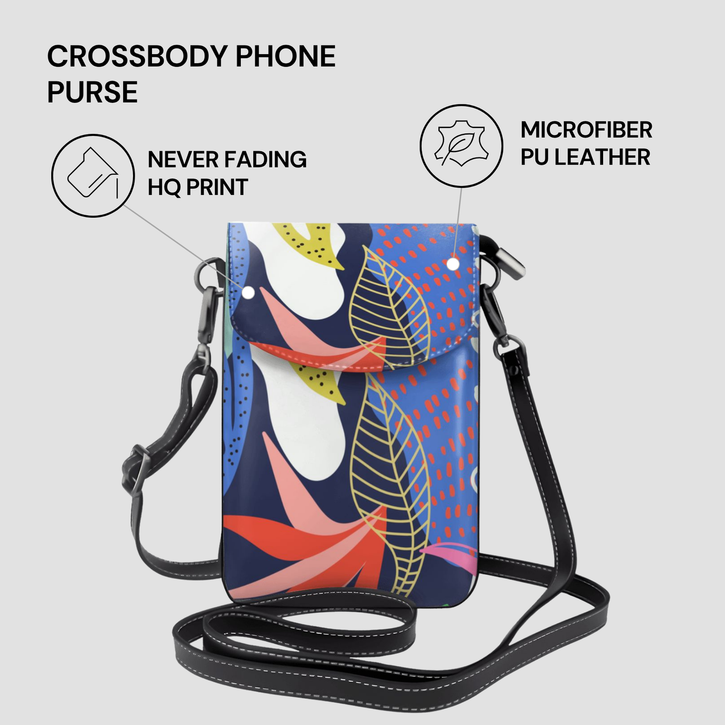 Colorful crossbody phone purse with text highlighting features on a light gray background