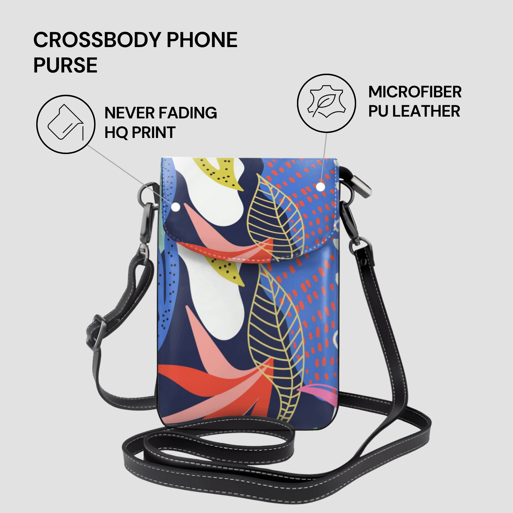 Colorful crossbody phone purse with text highlighting features on a light gray background