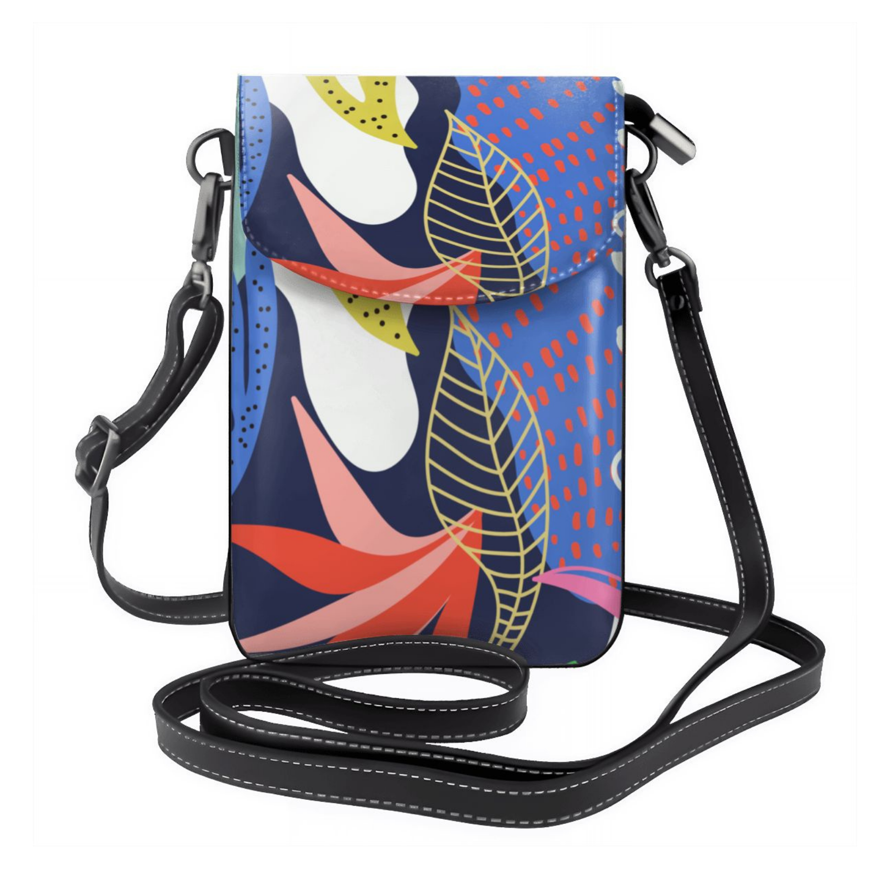 Colorful crossbody bag with abstract design on a white background