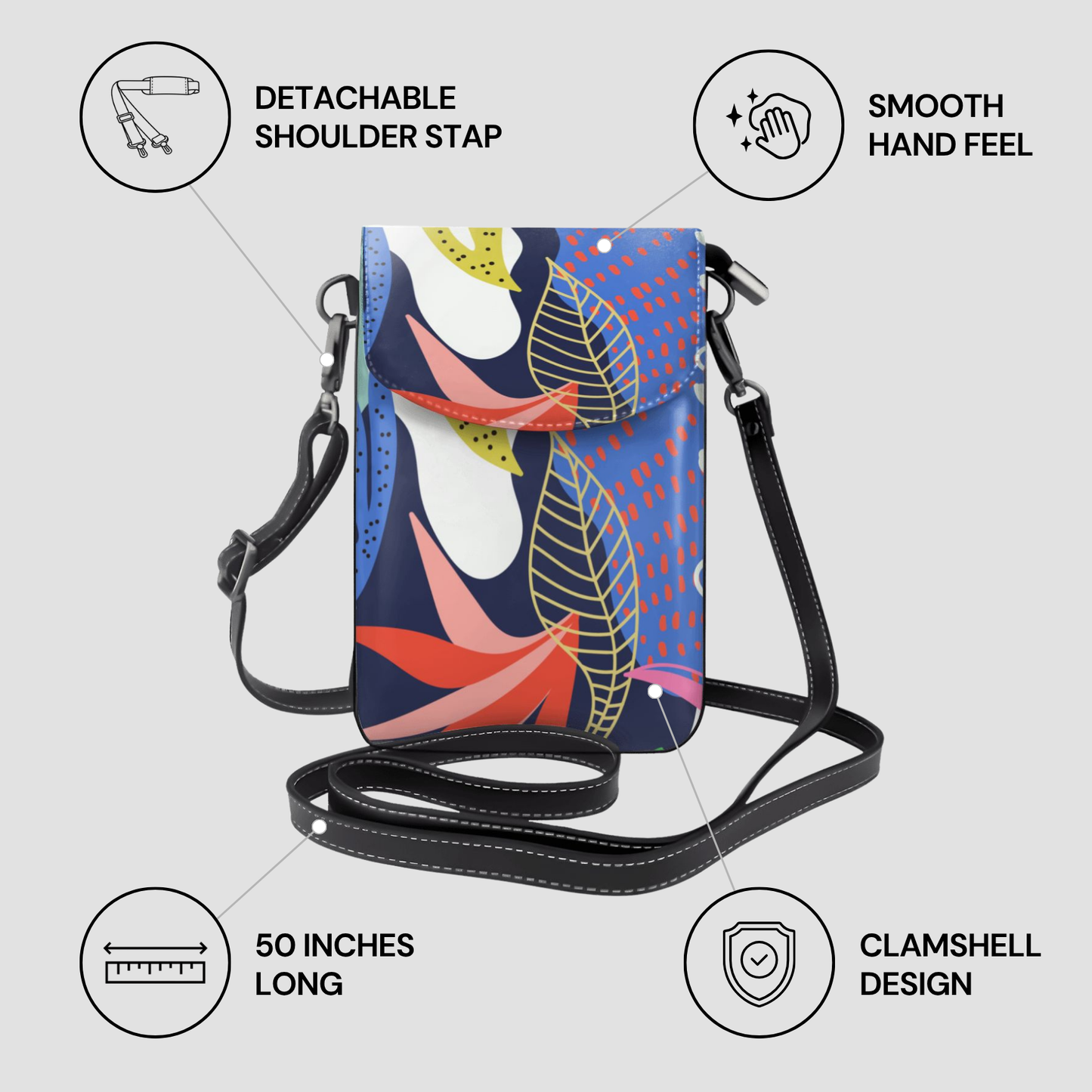 Colorful crossbody bag with features highlighted on a light gray background