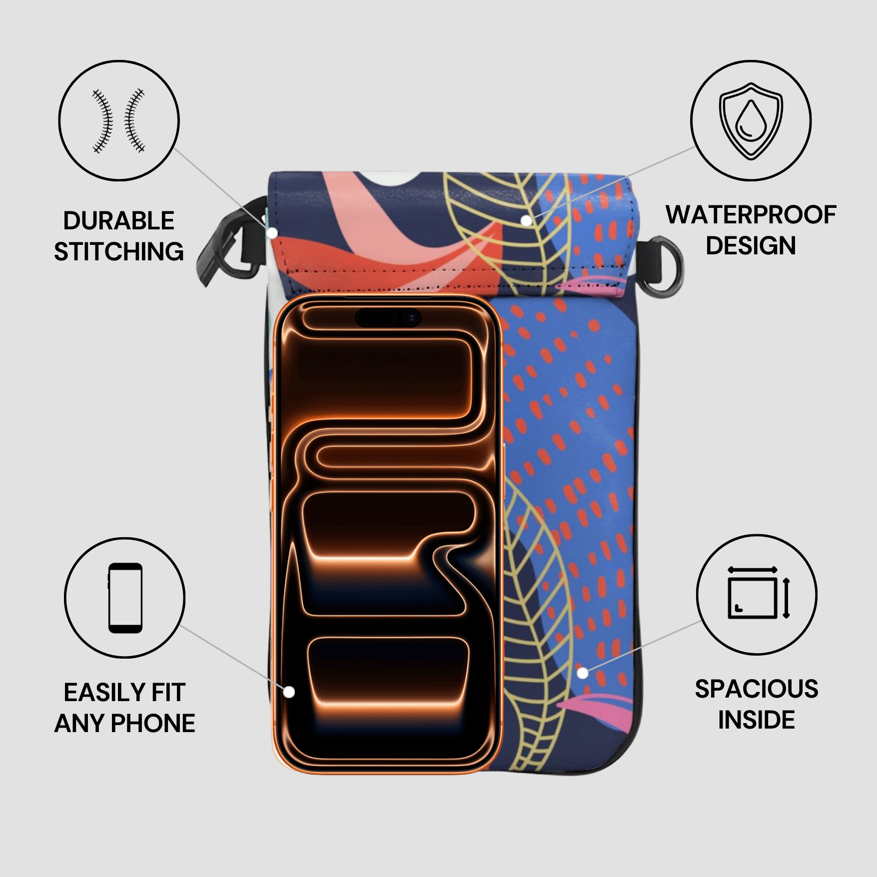 Multicolored phone case with features highlighted on a gray background
