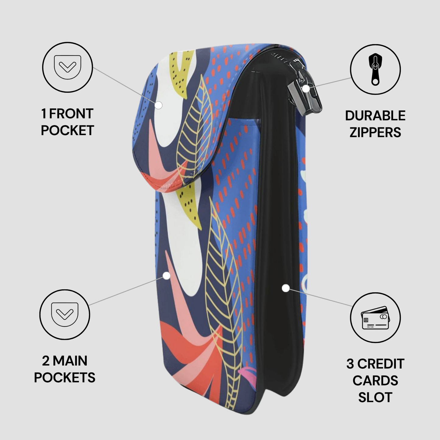 Multicolored phone case with features highlighted on a gray background