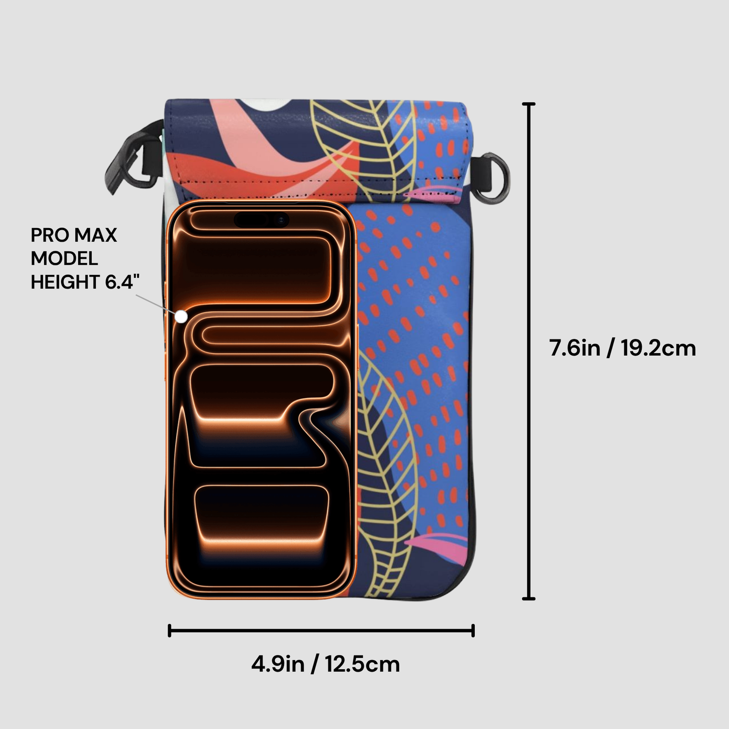 Phone case with colorful design and measurements on a gray background