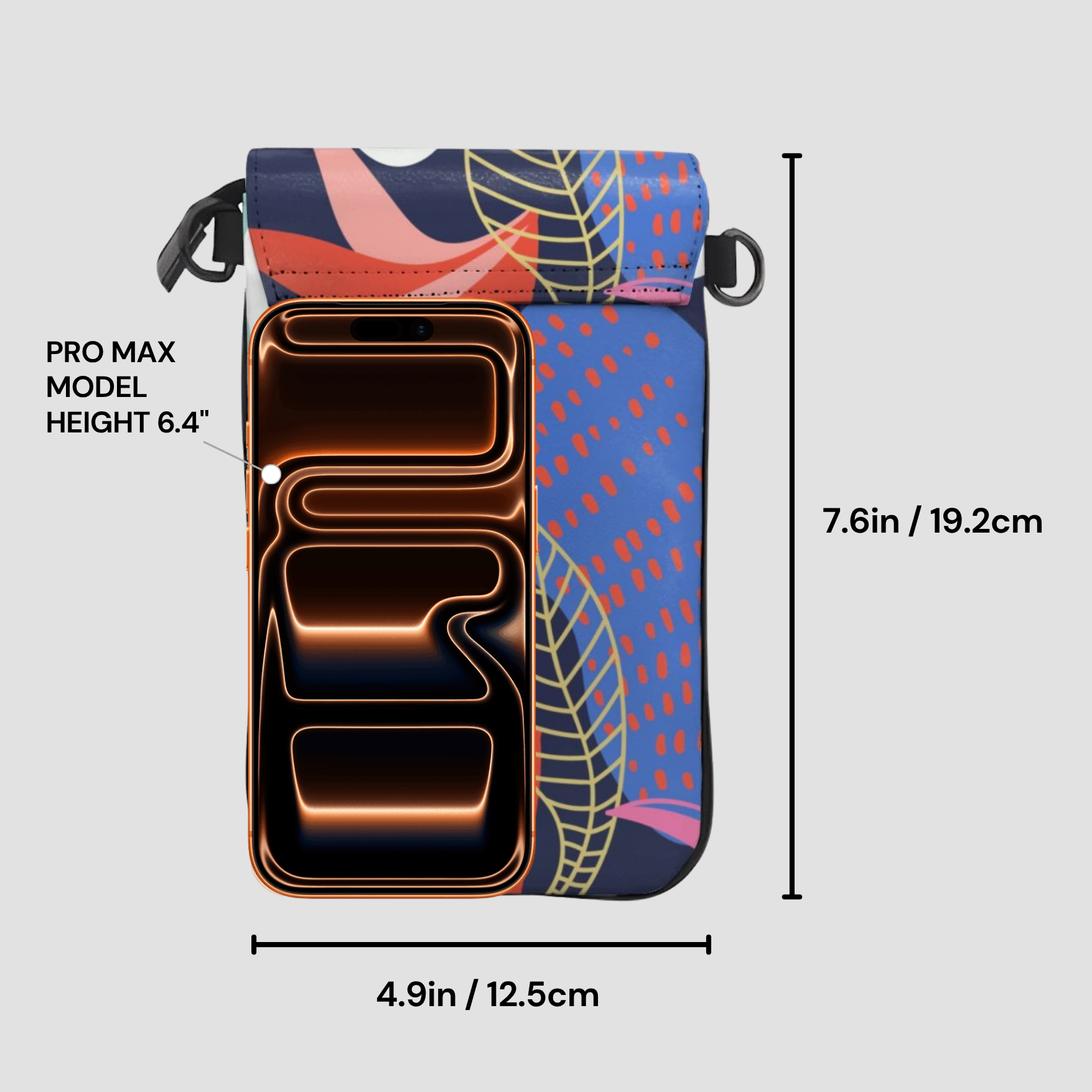 Phone case with colorful design and measurements on a gray background