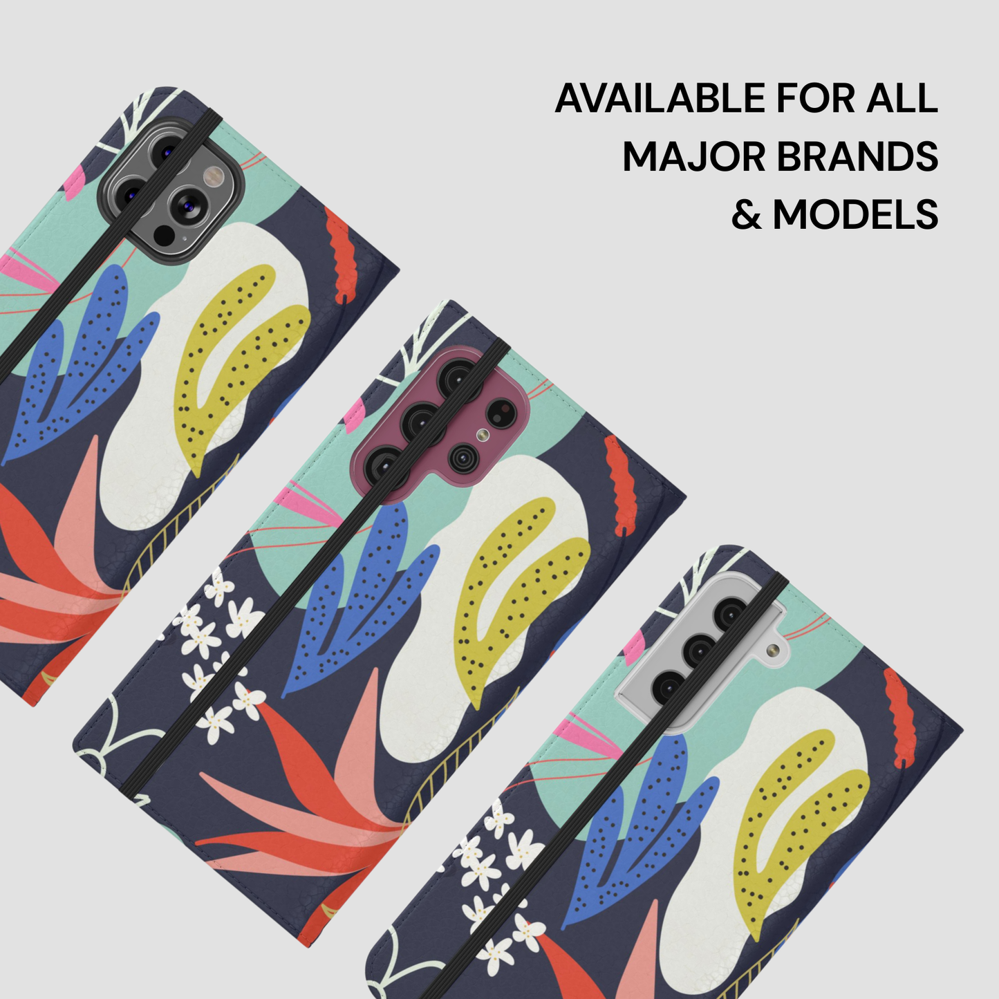 Colorful phone case with tropical leaf design on a light gray background