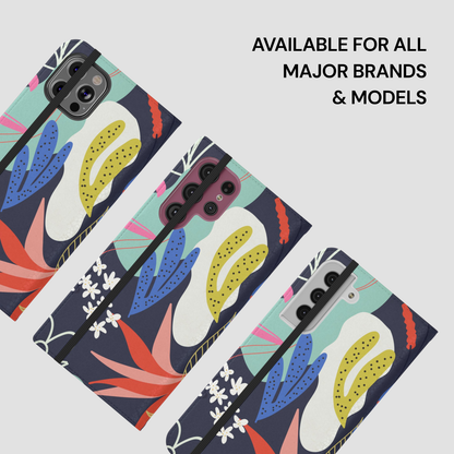 Colorful phone case with tropical leaf design on a light gray background