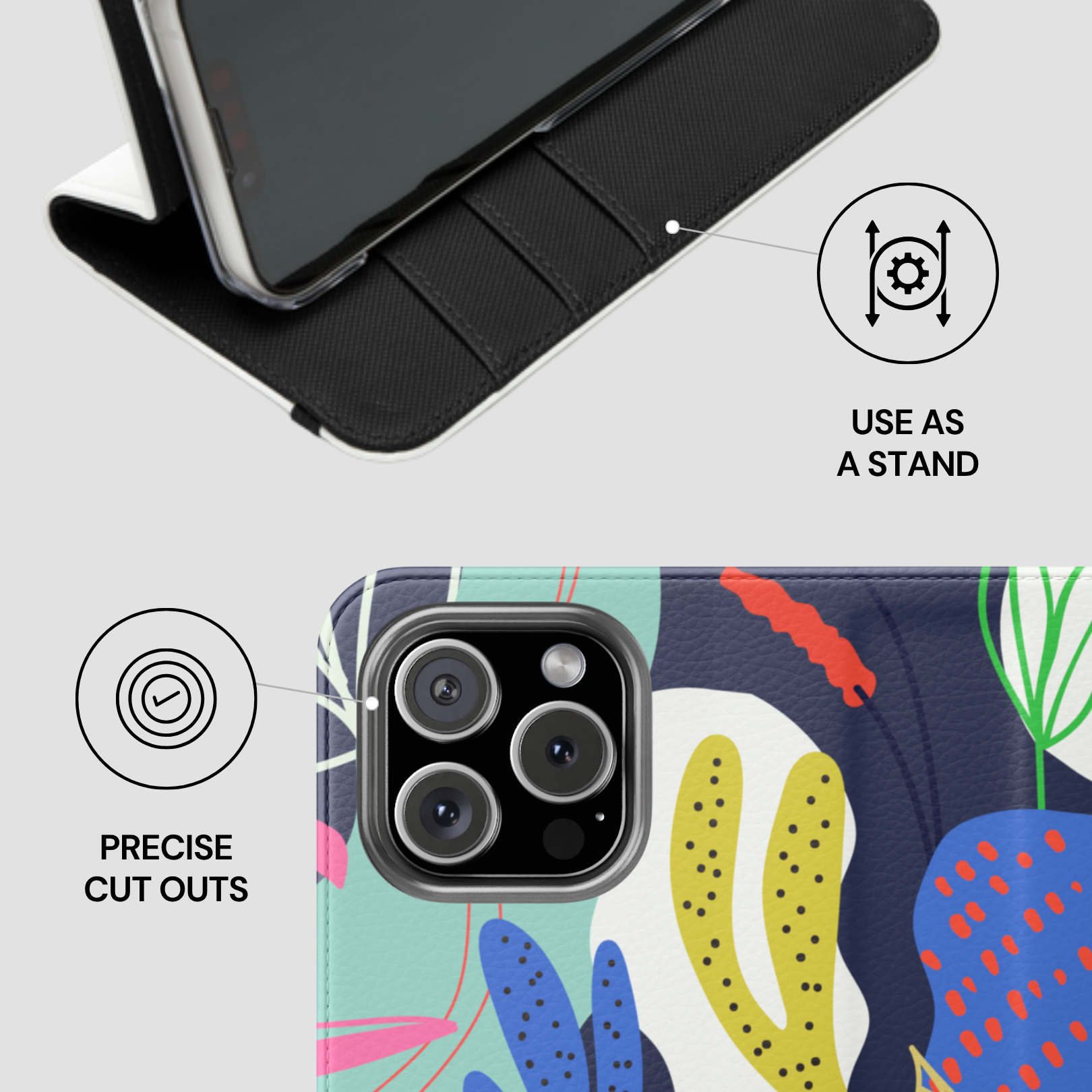 Phone case with stand feature and colorful design on a white background