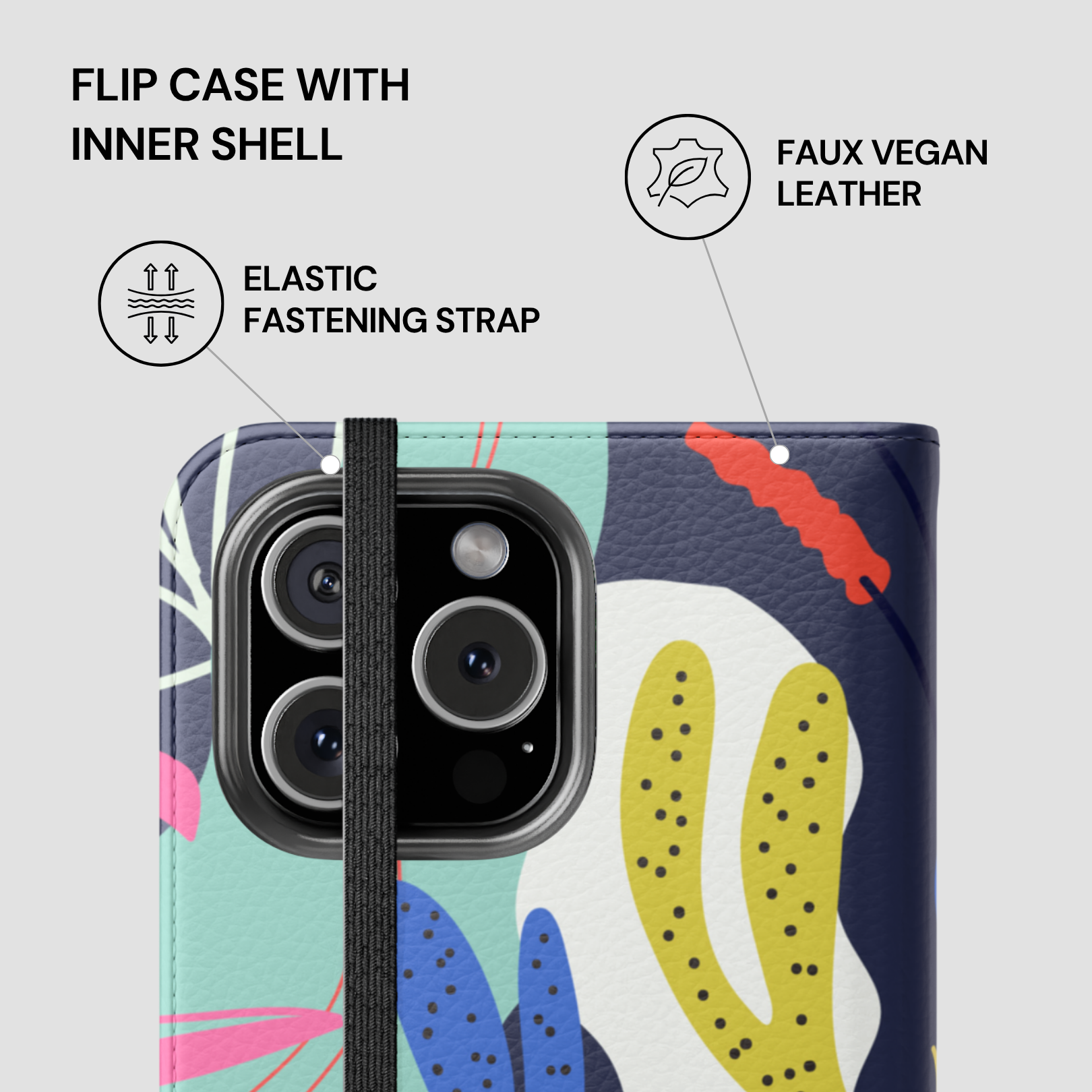 Phone case with abstract design and text highlighting features like faux vegan leather and elastic fastening strap.