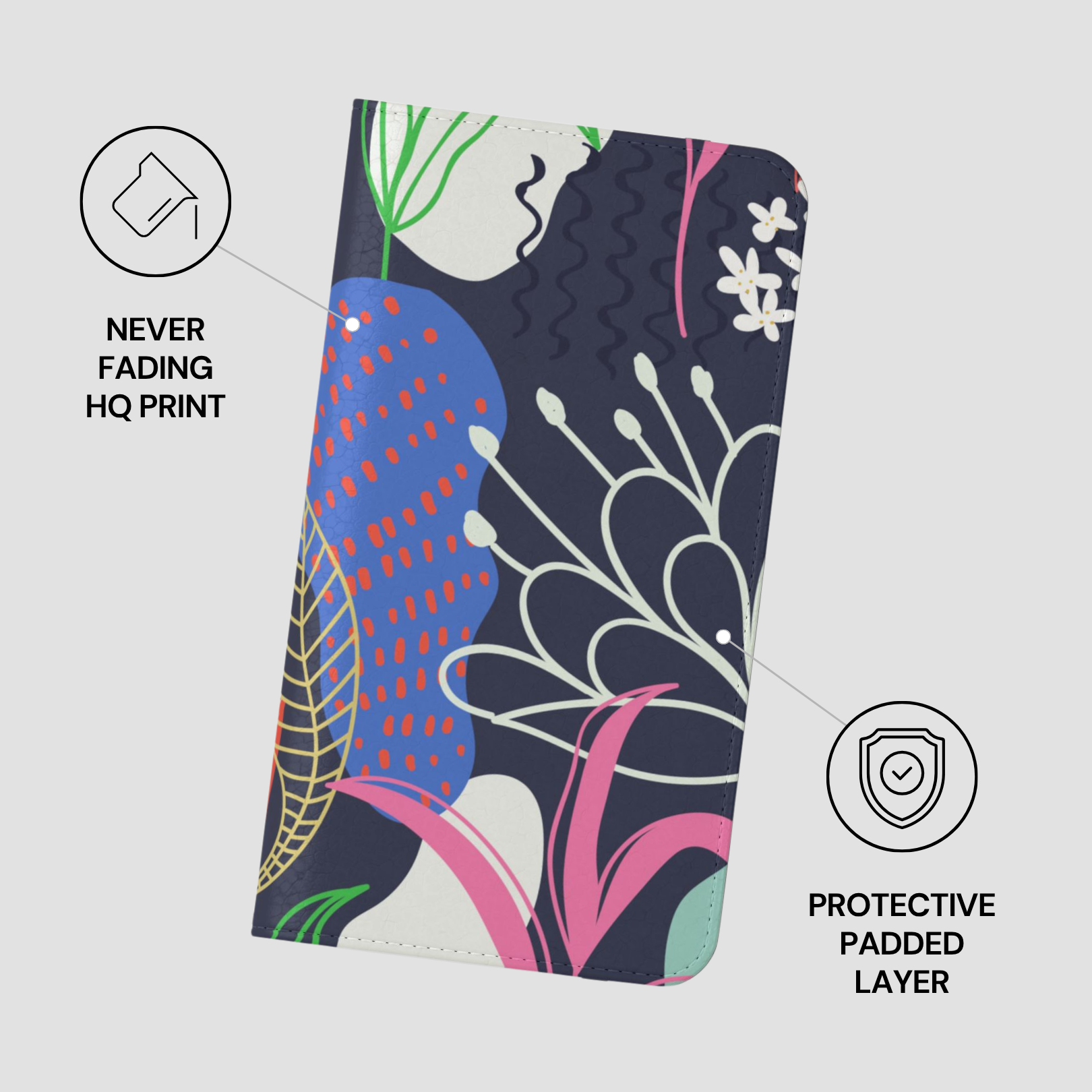 Floral patterned product with protective features on a light gray background